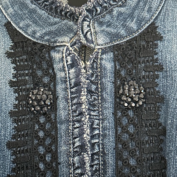 INC embellished Jean jacket. Awesome black lace and buttons. Casual to dressy - Picture 7 of 9